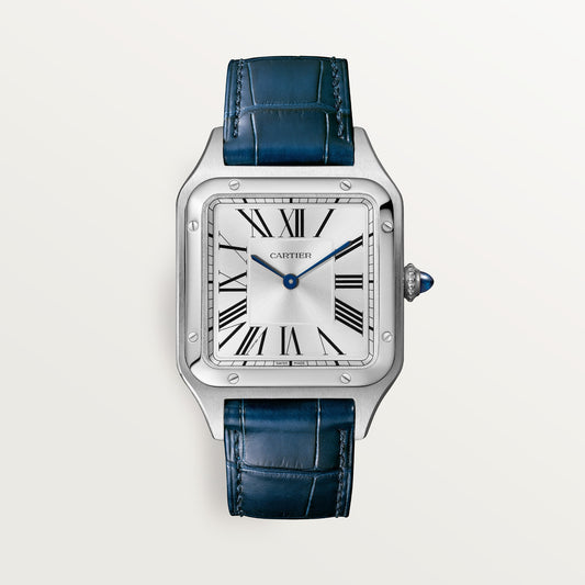 Cartier Santos-Dumont WSSA0085 - Large model Steel, Satin-brushed silver sunray Dial, Navy blue alligator strap