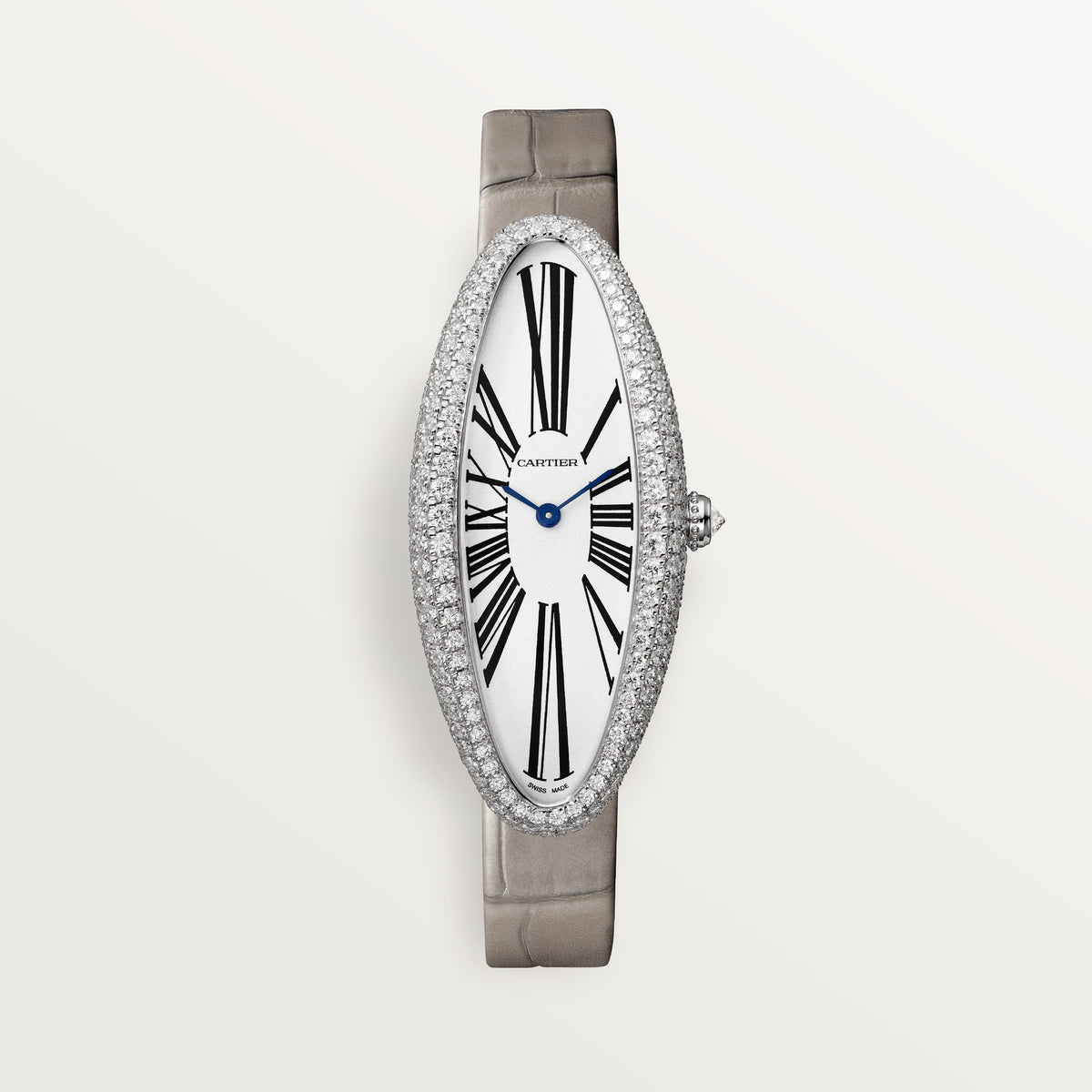 Cartier Baignoire Allongée WJBA0007 - Medium model Rhodiumized 18K white gold, Silvered Dial, Light gray alligator leather strap