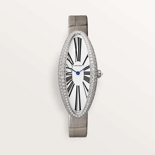 Cartier Baignoire Allongée WJBA0007 - Medium model Rhodiumized 18K white gold, Silvered Dial, Light gray alligator leather strap