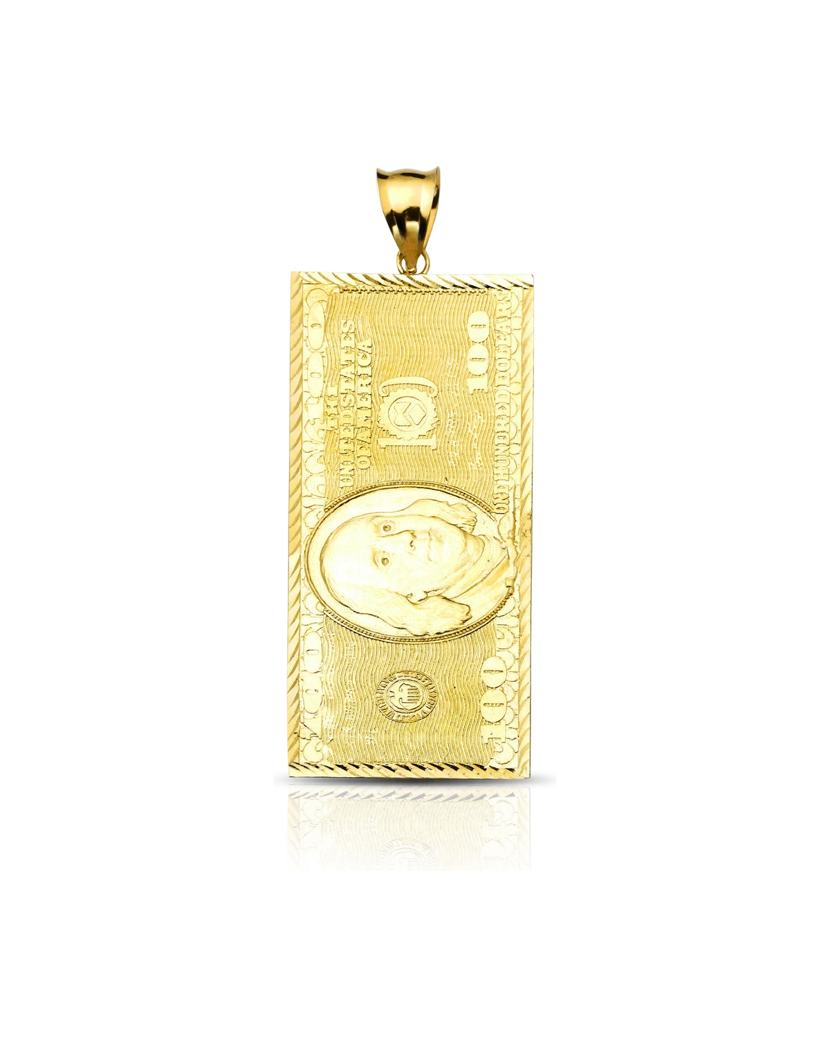$100 Bill Bar Pendant with Portrait Oval - 10K Yellow Gold