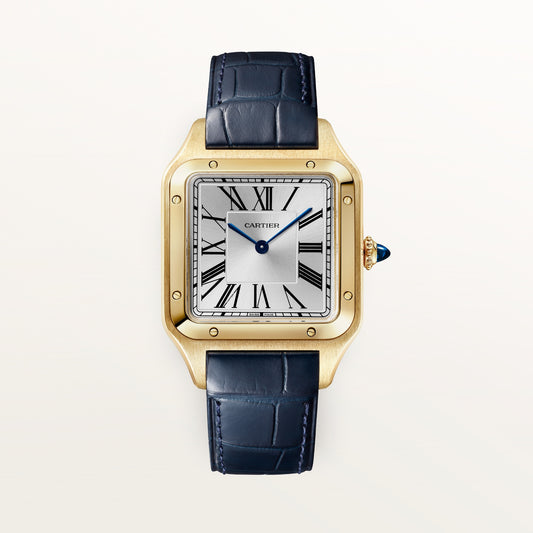 Cartier Santos-Dumont WGSA0139 - Large model 18K yellow gold, Silvered satin-finish sunray Dial, Navy blue alligator strap