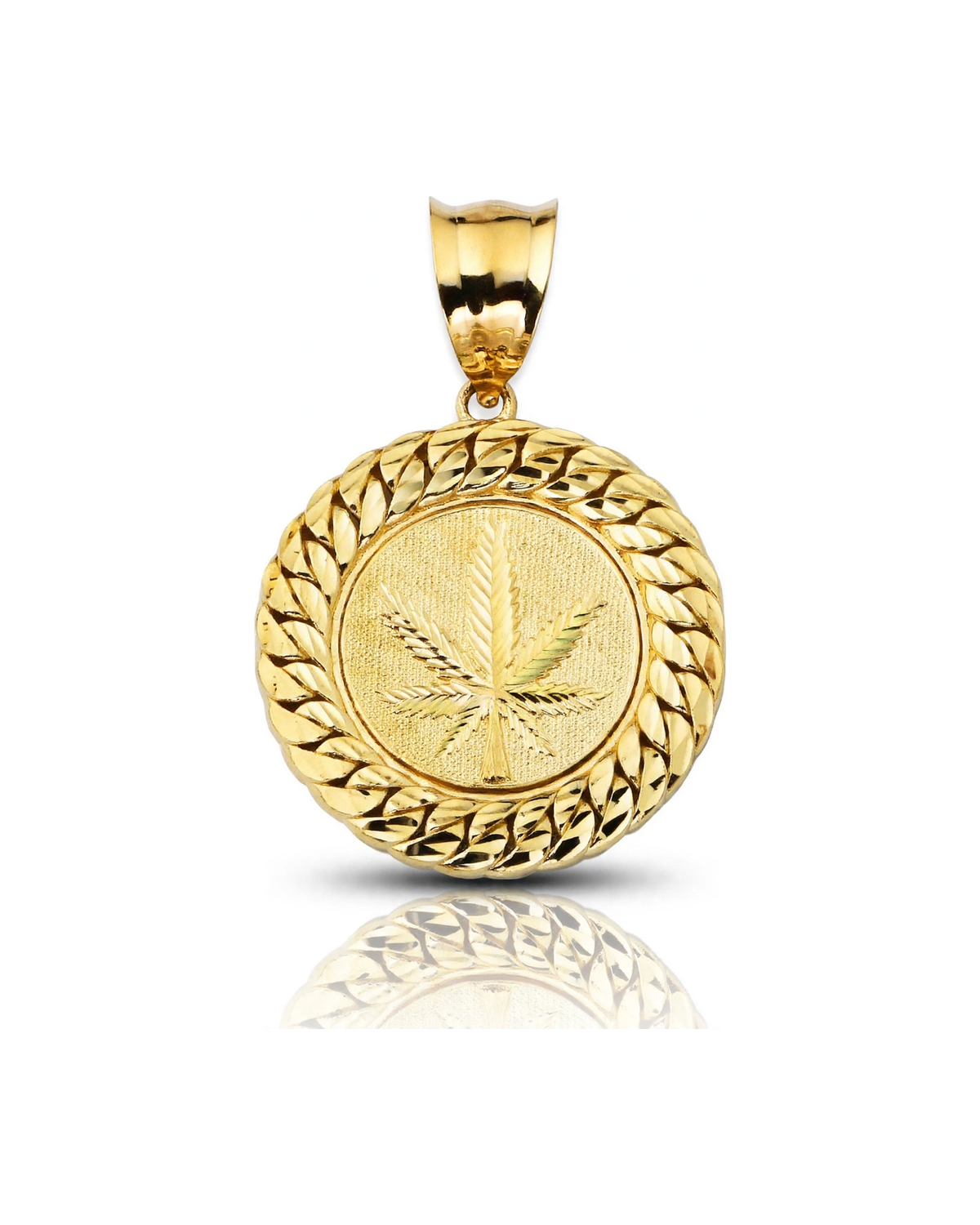 Cannabis Leaf Cuban Frame Medallion Pendant - 10K Yellow Gold