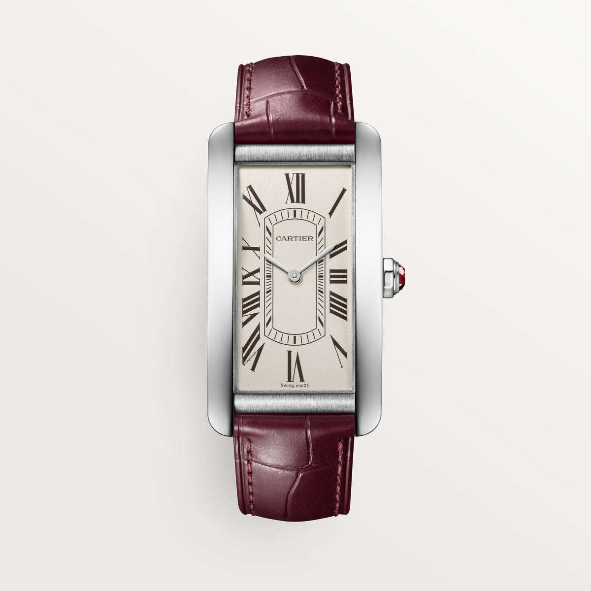 Cartier Tank Américaine WGTA0296 - Large model Platinum (950/1000), Grained with eggshell finish Dial, Semi-matte burgundy alligator leather strap