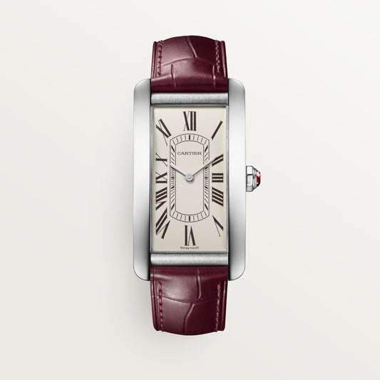 Cartier Tank Américaine WGTA0296 - Large model Platinum (950/1000), Grained with eggshell finish Dial, Semi-matte burgundy alligator leather strap