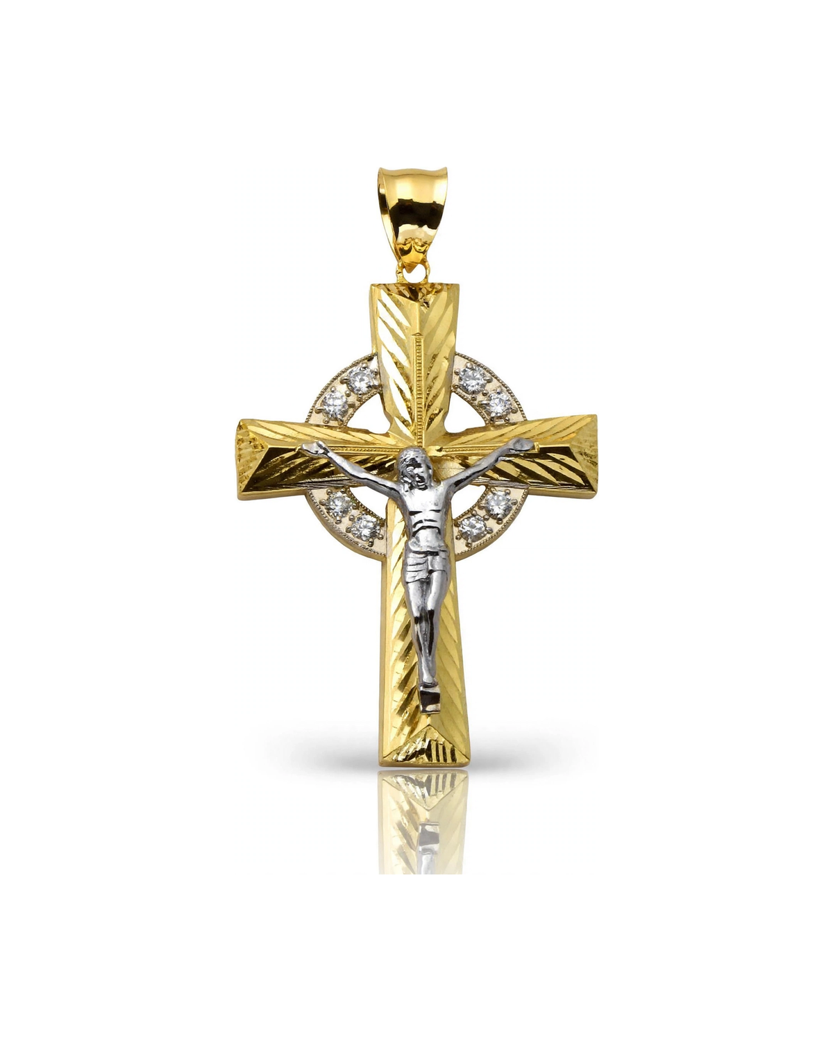 Crucifix Celtic Halo CZ Faceted Pendant - 10K Gold
