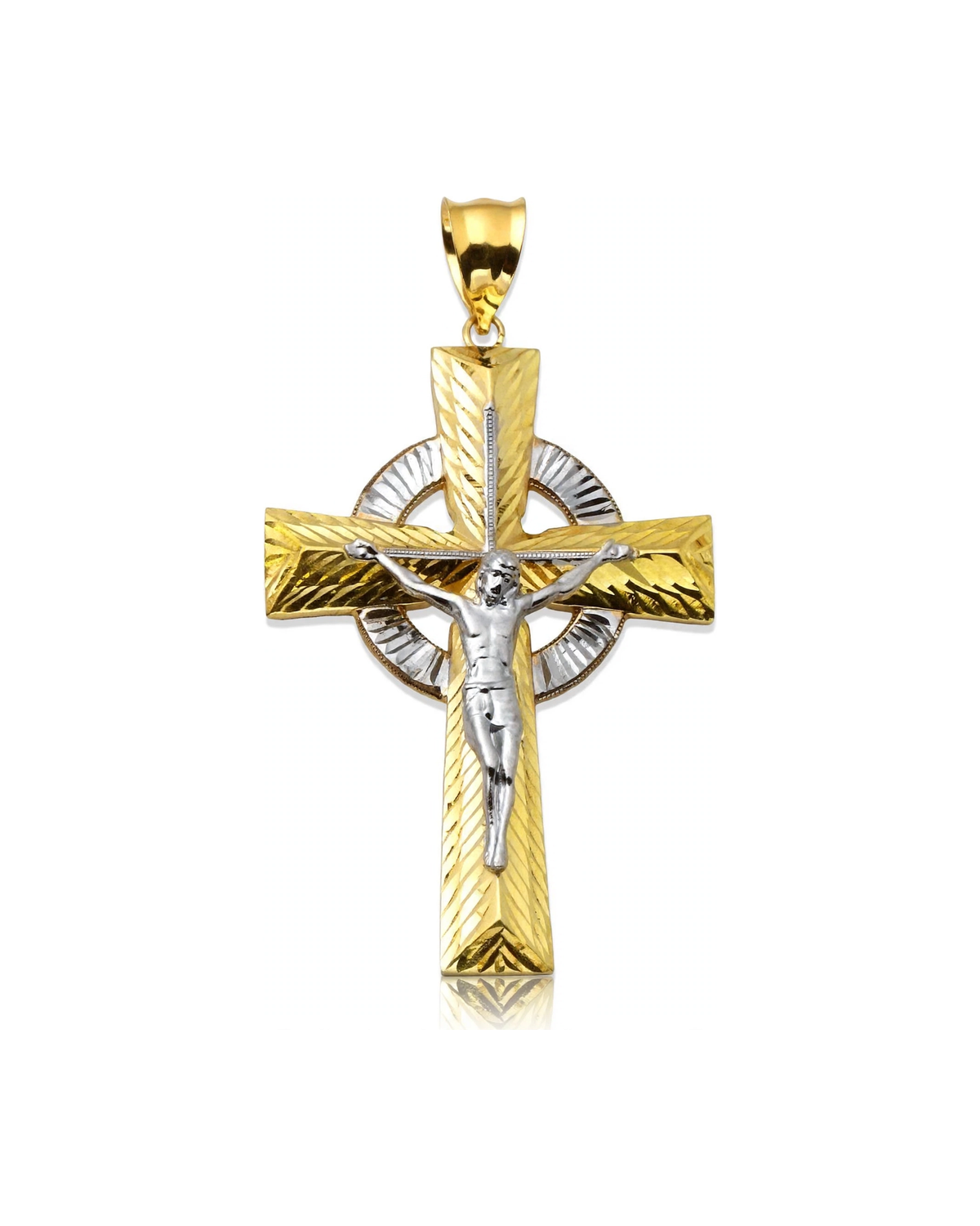 Crucifix Celtic Halo Faceted Two-Tone Pendant - 10K Gold