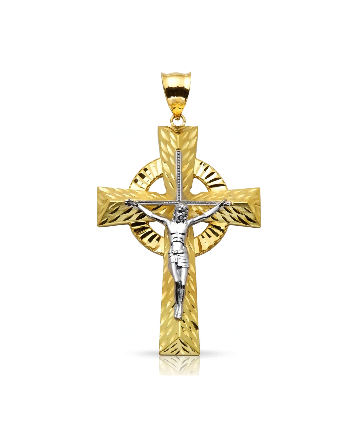 Crucifix Celtic Halo Leaf Faceted Pendant - 10K Gold