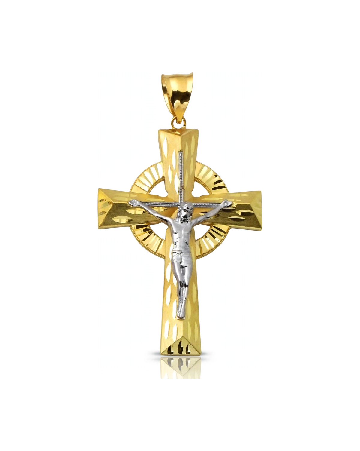 Crucifix Celtic Halo Oval Cut Pendant - 10K Gold