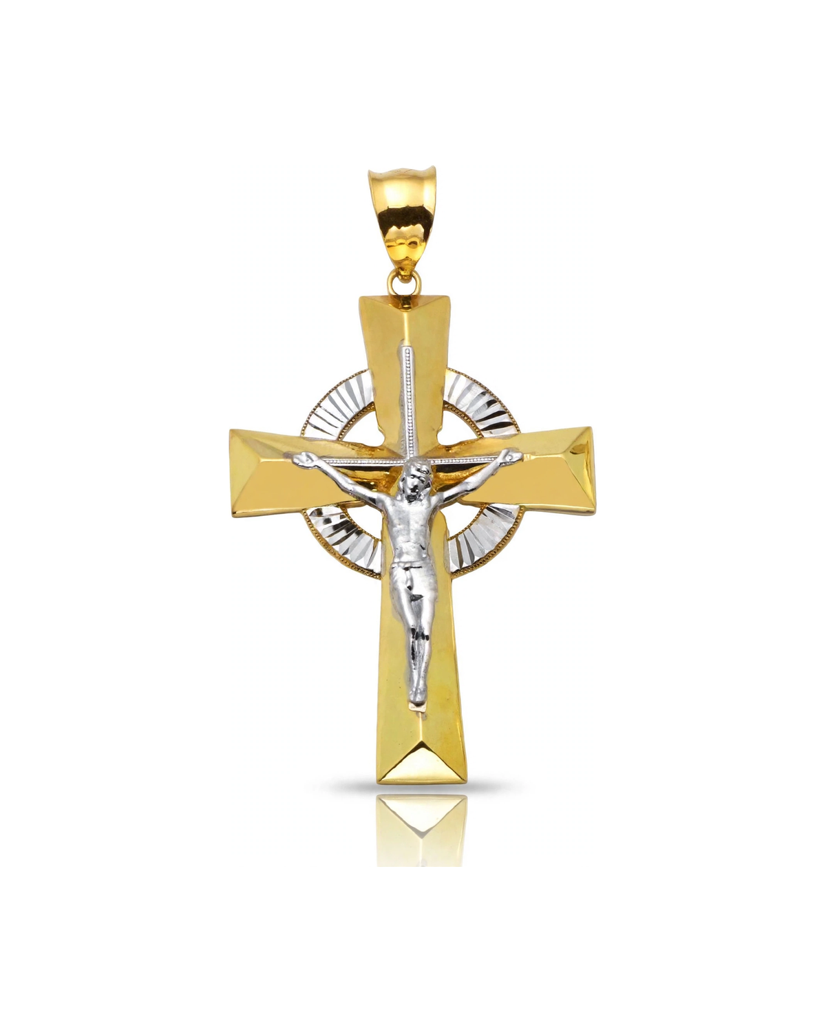 Crucifix Celtic Halo Silver Ring Pendant - 10K Gold