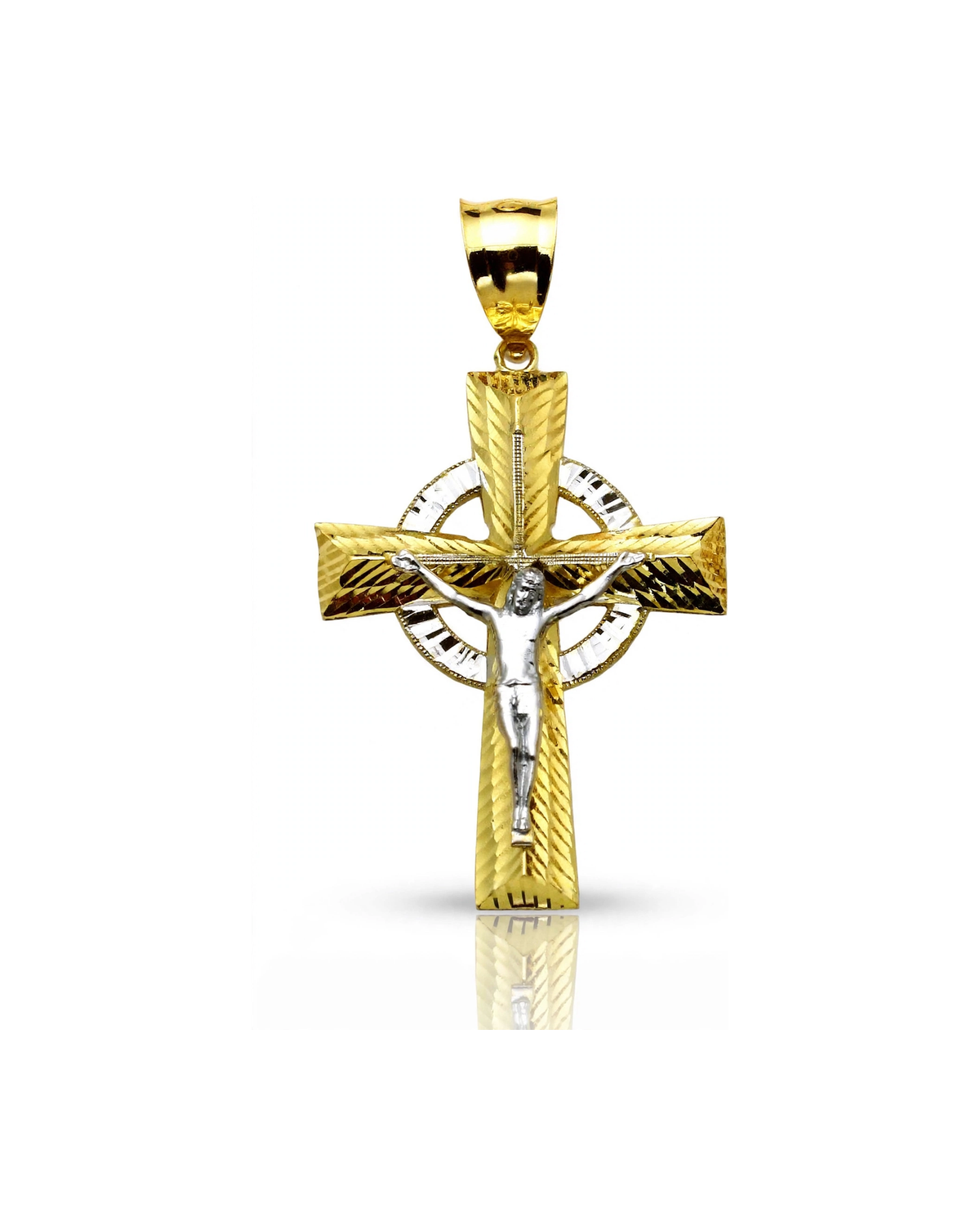 Crucifix Celtic Halo Twist Faceted Pendant - 10K Gold