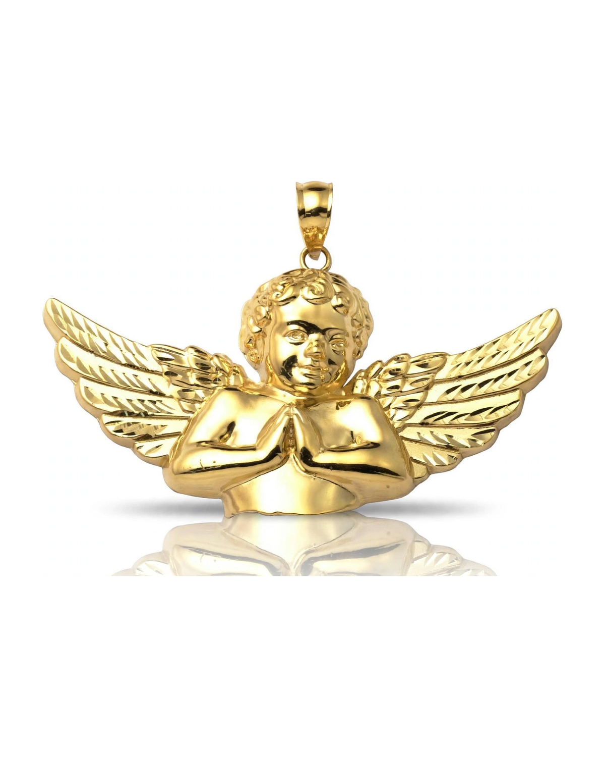 Cherub Angel Bust Wide Wings Pendant - 10K Yellow Gold