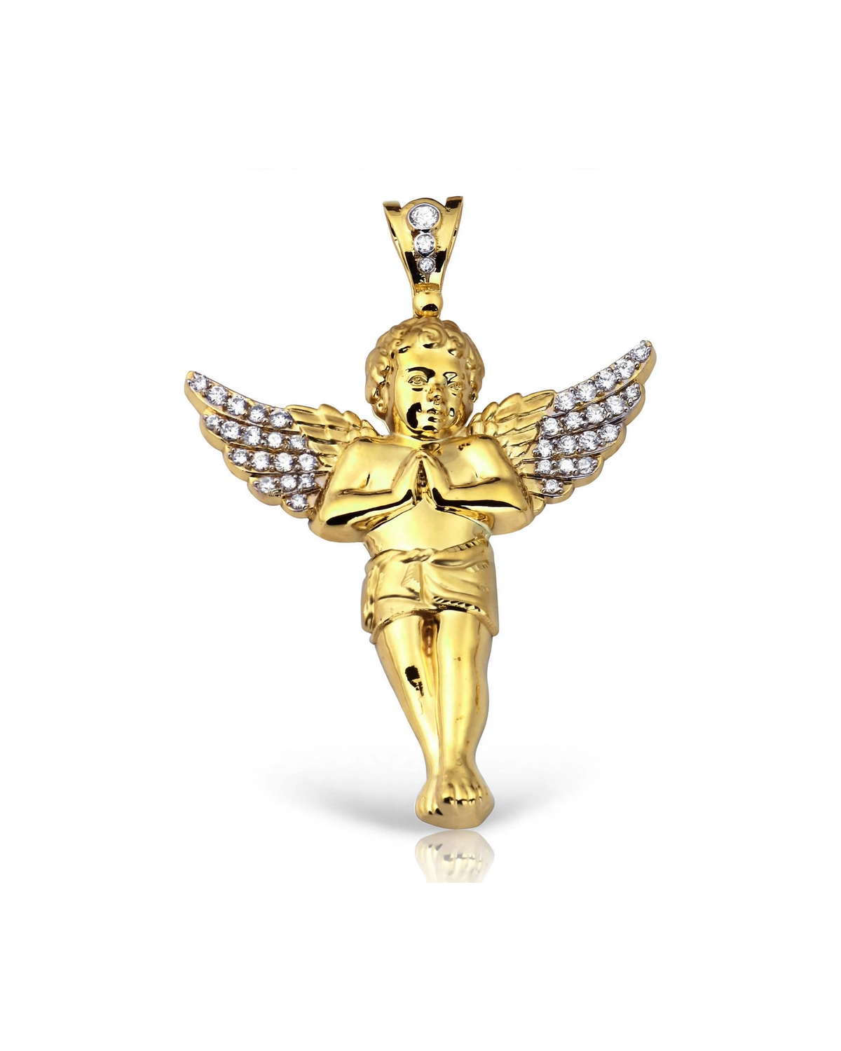 Cherub Angel CZ Wings Praying Pendant - 10K Yellow Gold