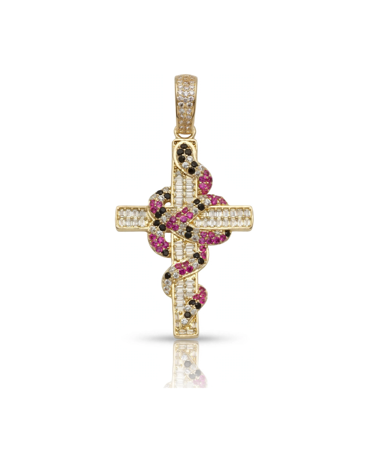 Cross Pendant Baguette CZ with Snake - 10K Gold