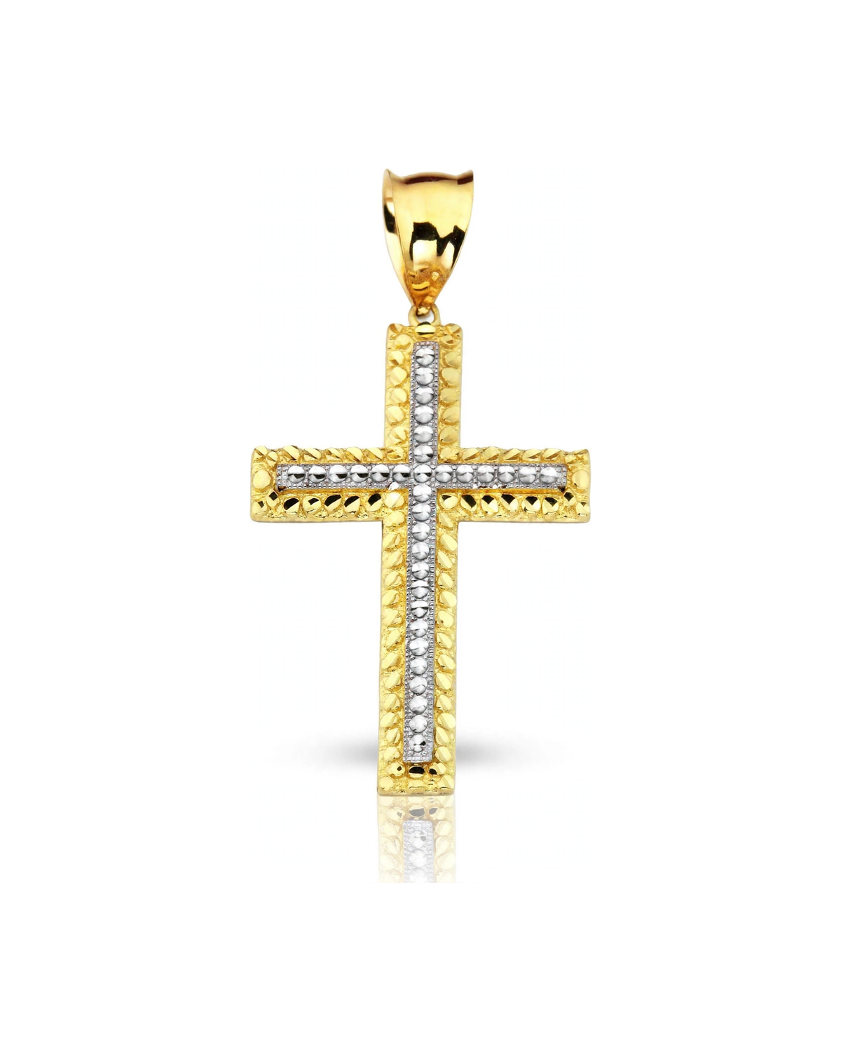 Cross Pendant with Chevron Border and Beaded Center Cross - Two-Tone - 10K Gold