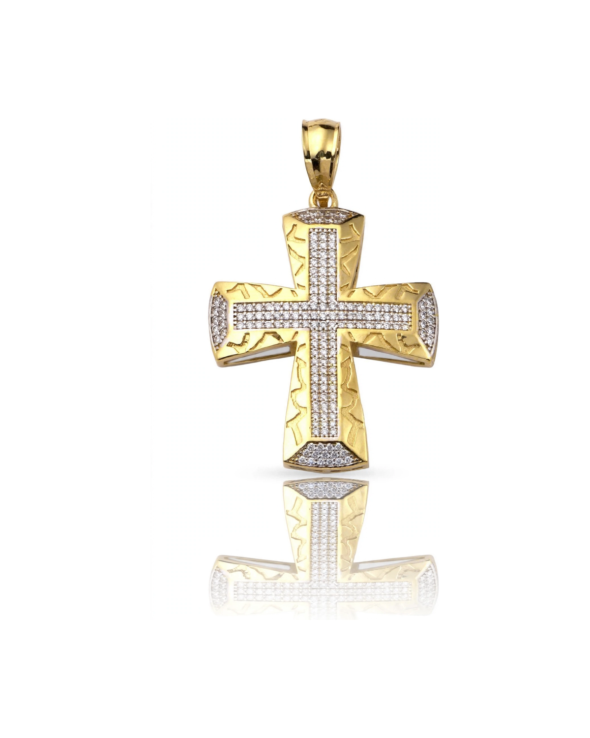 Cross Pendant with CZ and Nugget Frame - 10K Gold
