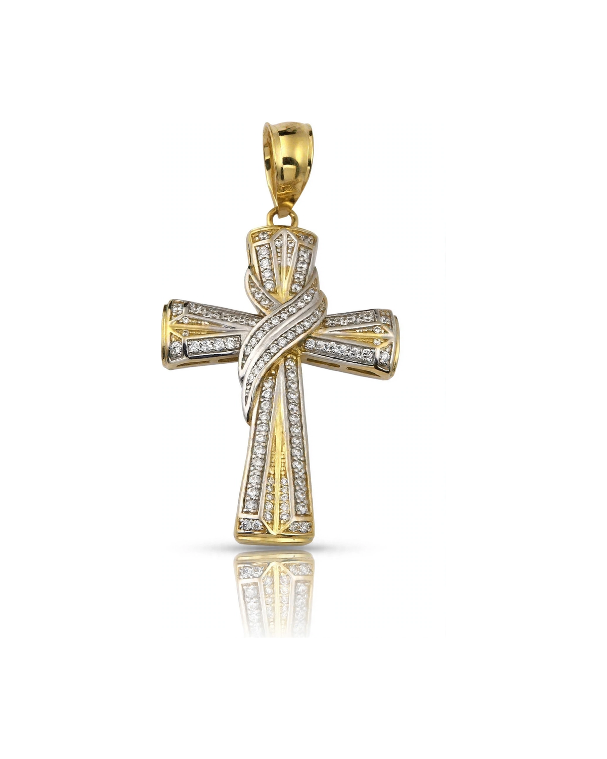 Cross Pendant with CZ and Ribbon Wrap Two-Tone - 10K Gold