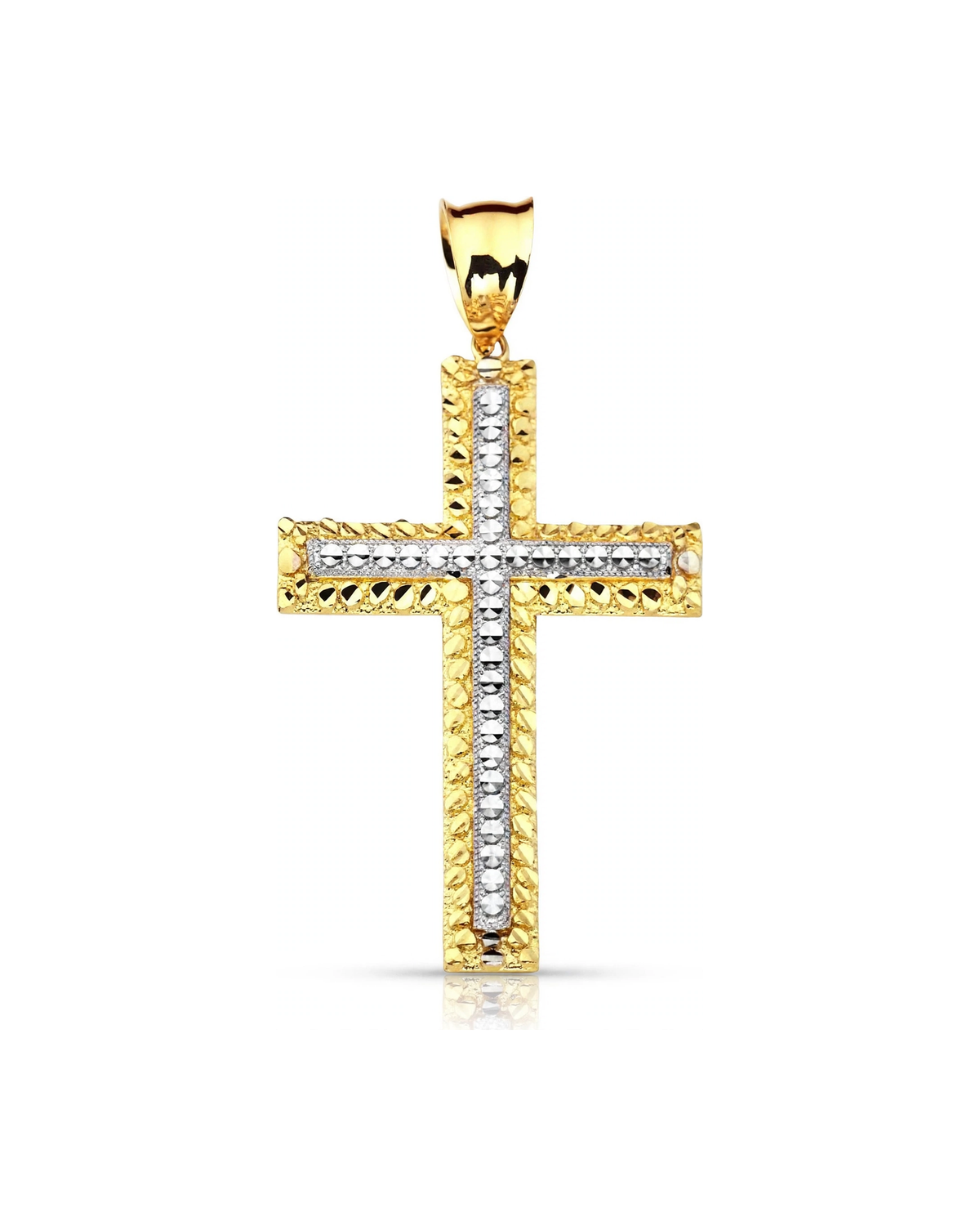 Cross Pendant with Faceted Border and Beaded Center Cross - Two-Tone - 10K Gold