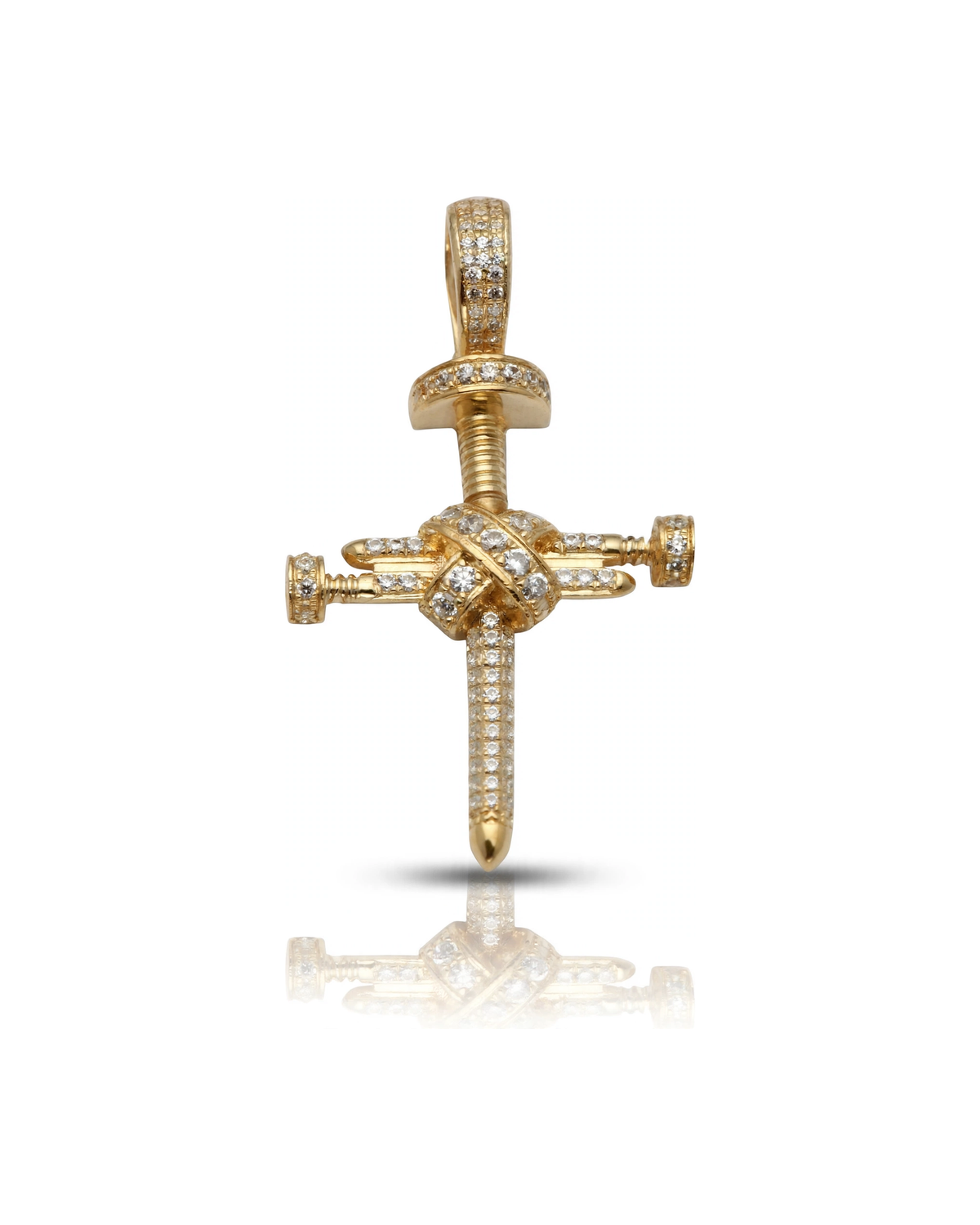 Cross Pendant of Nails with Knot and CZ - 10K Gold