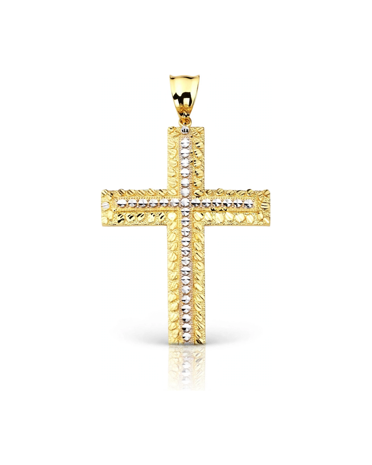 Cross Pendant with Nugget Border and Beaded Center Cross - Two-Tone - 10K Gold