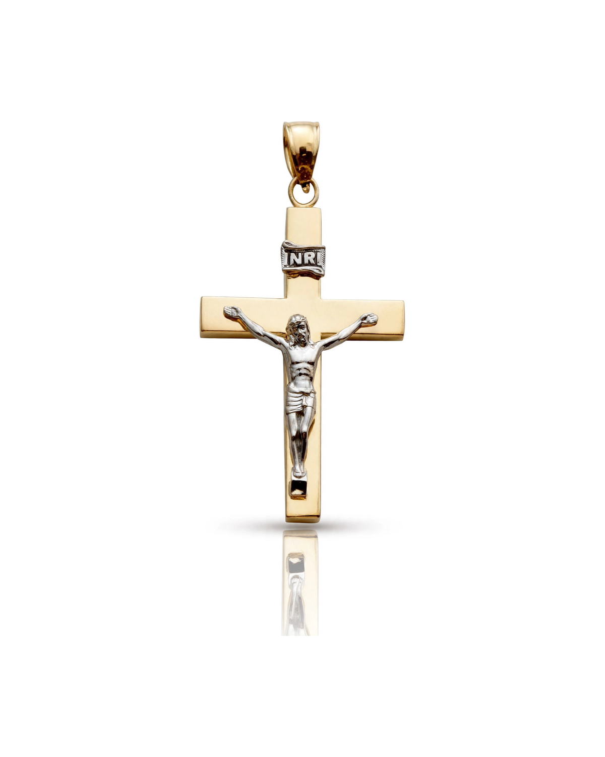 Crucifix Pendant with INRI Plaque White Corpus - 10K Gold
