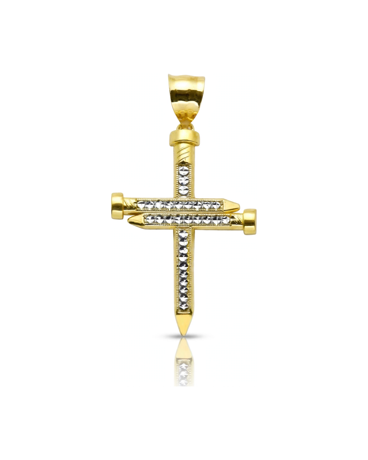 Nail Cross CZ Row Pendant - 10K Yellow Gold