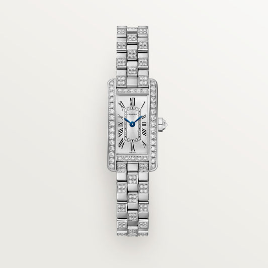 Cartier Tank Américaine WJTA0067 - Mini model 18K white gold, Satin-finished silvered with sunray effect Dial, 18K white gold bracelet semi-set