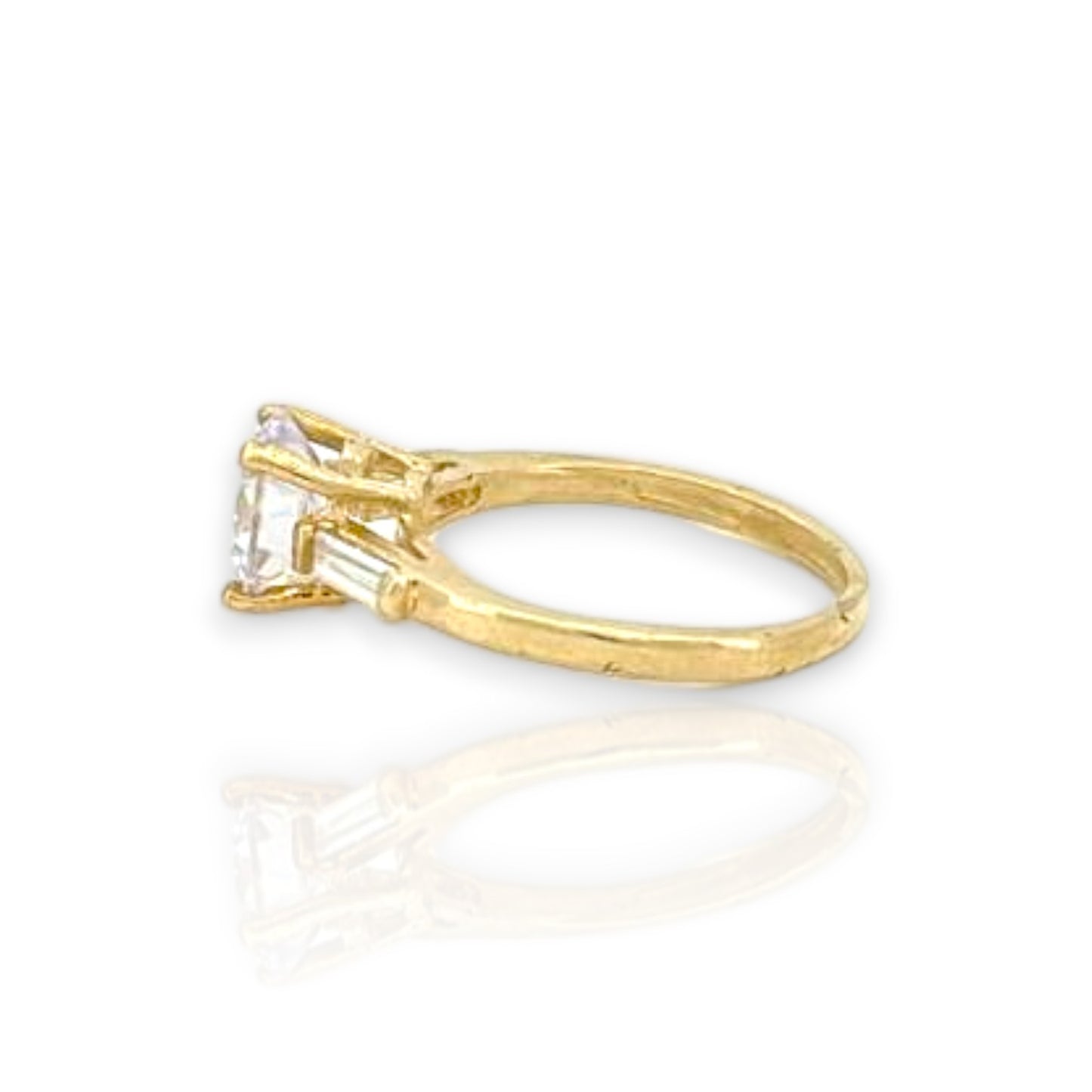 Round Cut Center Stone With Baguette Side Stones Engagement Ring - 10k Yellow Gold