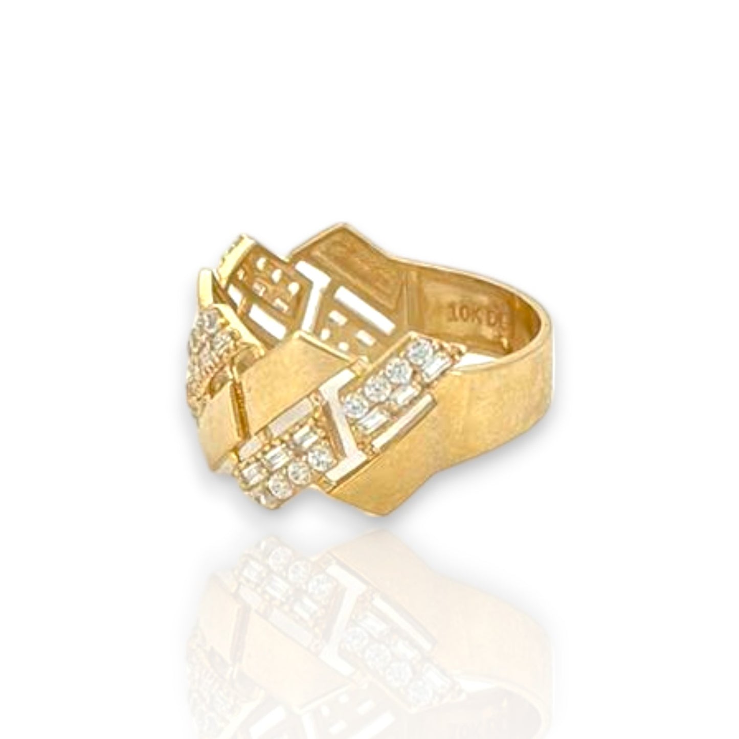 Miami Cuban Link Round and Baguette Cut Cz Ring - 10k Yellow Gold