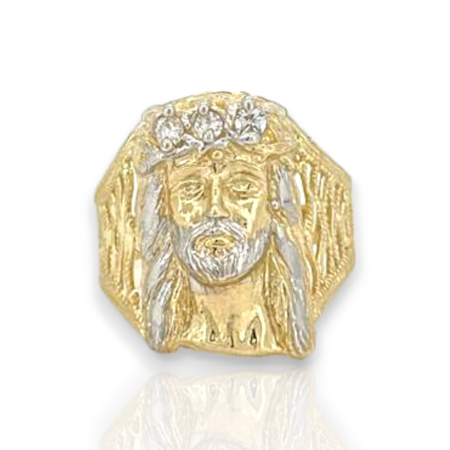 Jesus Head Two Tone Cz Ring - 10K Yellow Gold