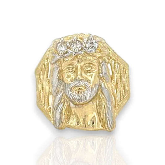 Anillo con circonitas de dos tonos con cabeza de Jesús - Oro amarillo de 10 quilates