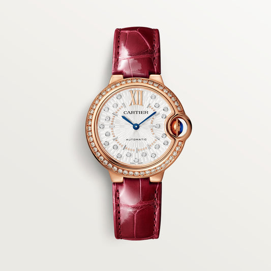 Cartier Ballon Bleu de Cartier WJBB0080 - 33 mm Rose gold, Matt silvered sunray with 21 diamonds (0.10 ct) Dial, Burgundy alligator leather strap