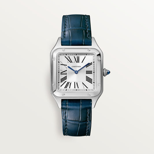 Cartier Santos-Dumont WSSA0086 - Small model Steel, Satin-brushed silver sunray Dial, Navy blue alligator strap