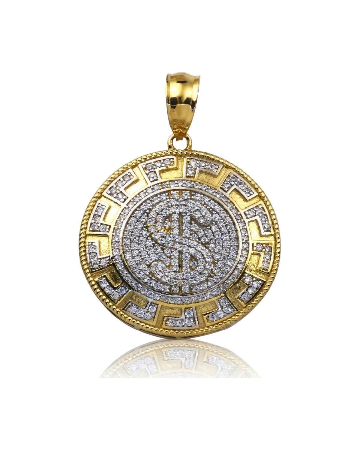 Dollar Sign Pendant Medallion with CZ and Greek Key Border - 10K Gold