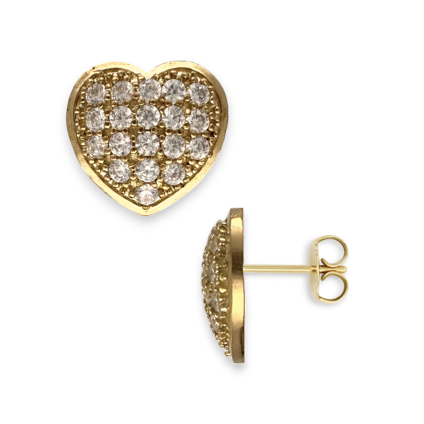 Yellow Gold CZ Round Cut Micro-Pave Heart Stud Earrings - 10k Yellow Gold