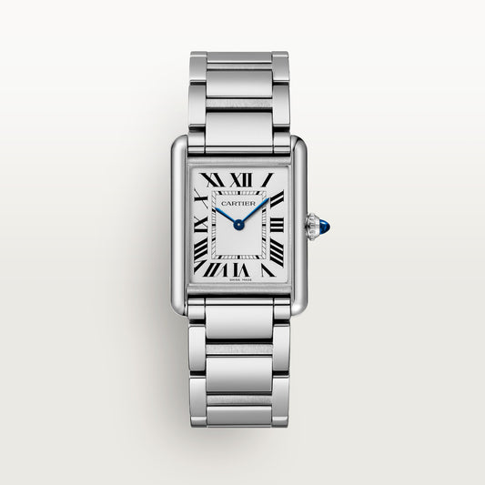 Cartier Tank must SolarBeat™ WSTA0122 - Large model (per PLP and 33.7 mm case; PDP bullet text mislabels it 'Small model') Steel, Silvered Dial, Steel bracelet