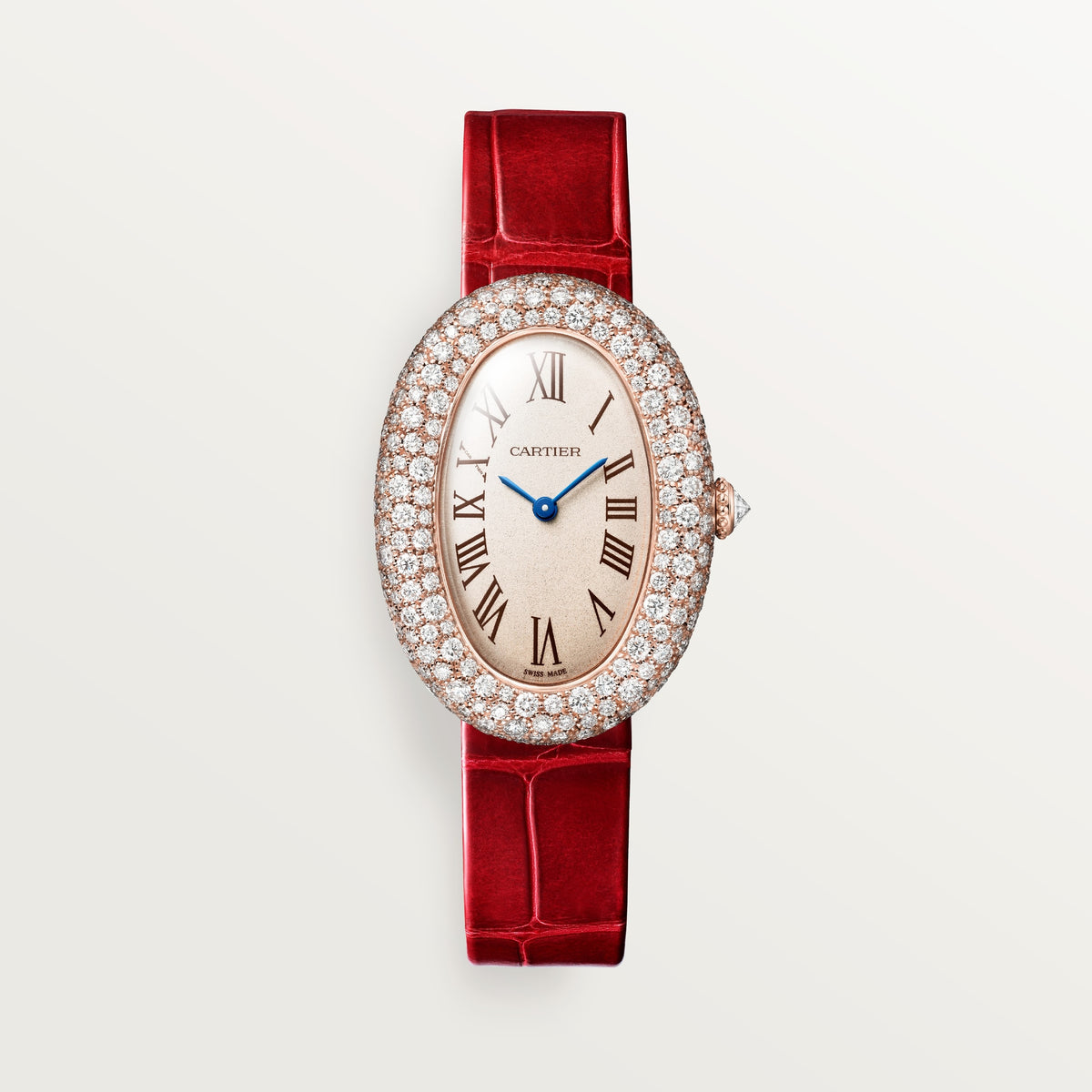 Cartier Baignoire WJBA0047 - Medium 18K rose gold, Silvered grained Dial, Red alligator leather strap