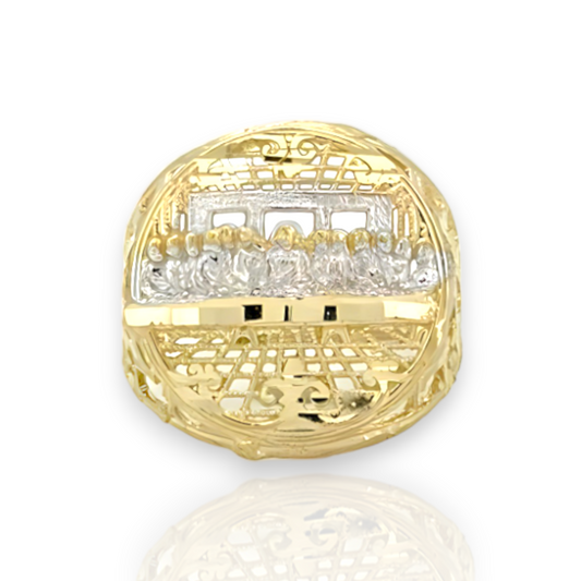 Anillo redondeado de dos tonos con talla de diamante de la Última Cena - Oro amarillo de 10 quilates
