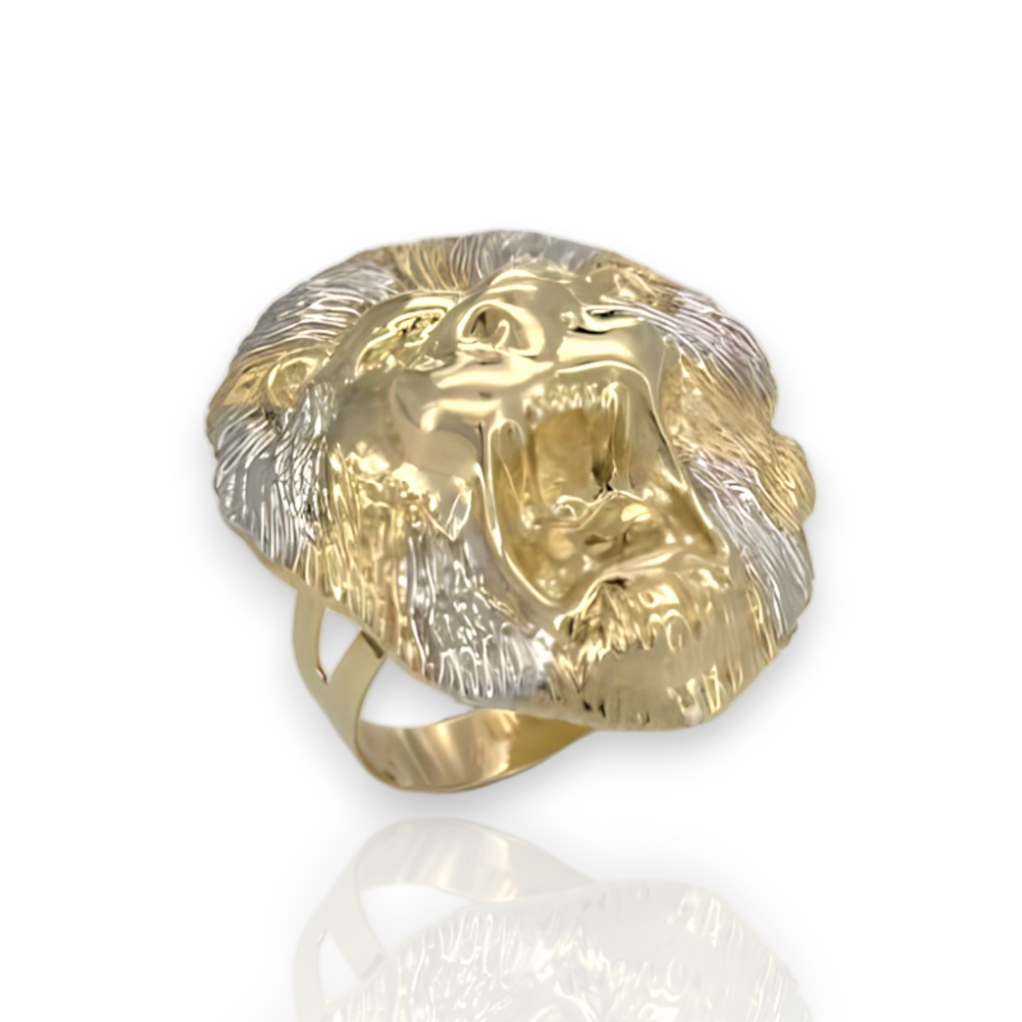 Screaming Large Lion Head Two Tone  Gold Ring  - 10K Yellow Pave