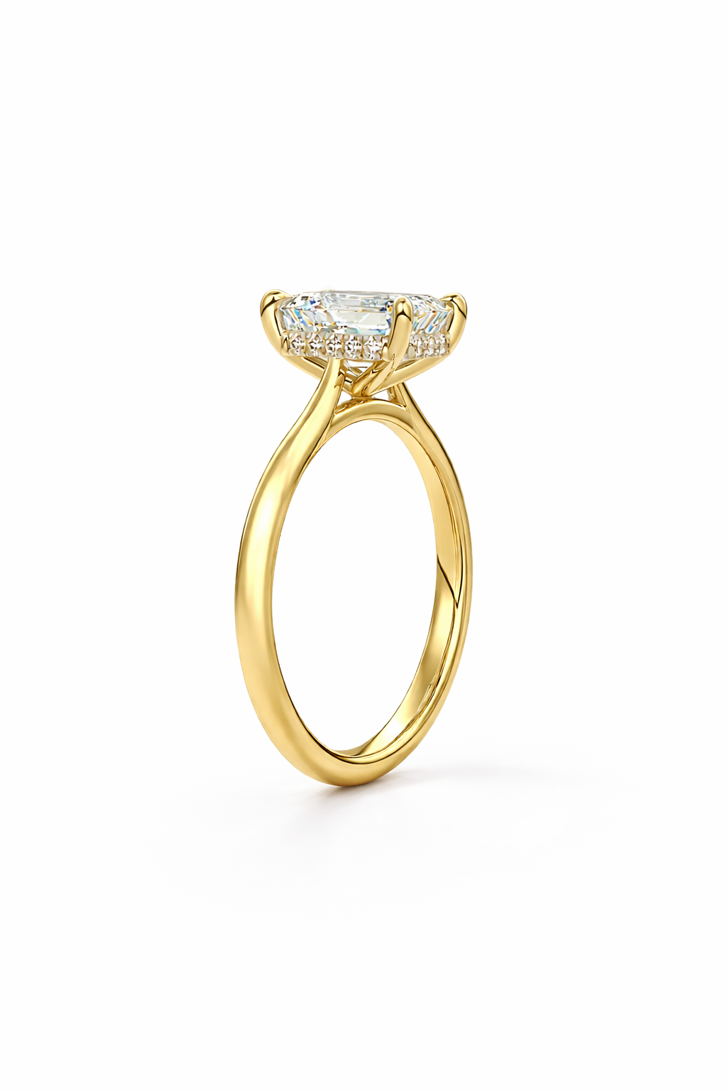 14K Emerald Solitaire — Cathedral Flat Band Hidden Halo