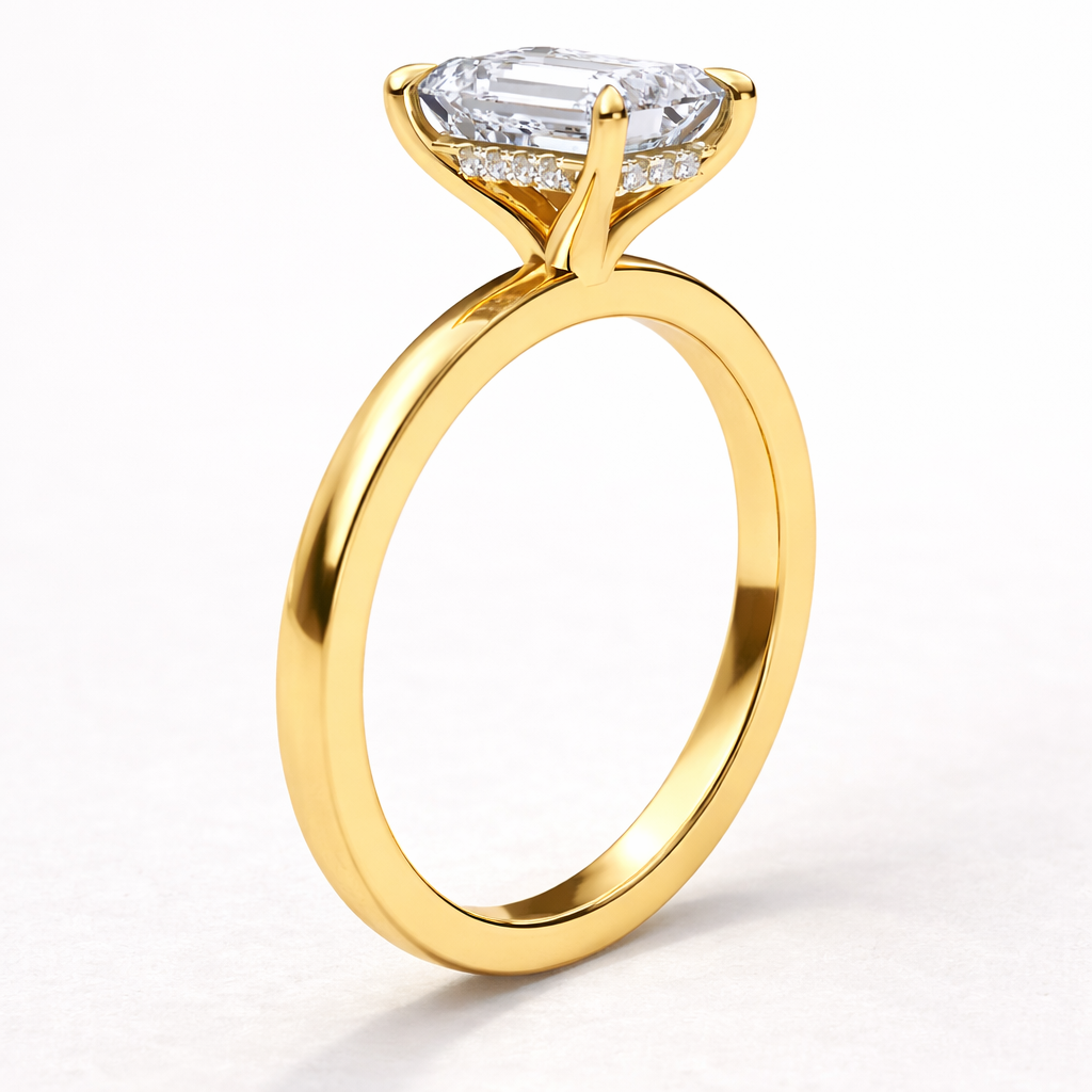 14K Emerald Solitaire — Flat Band Hidden Halo