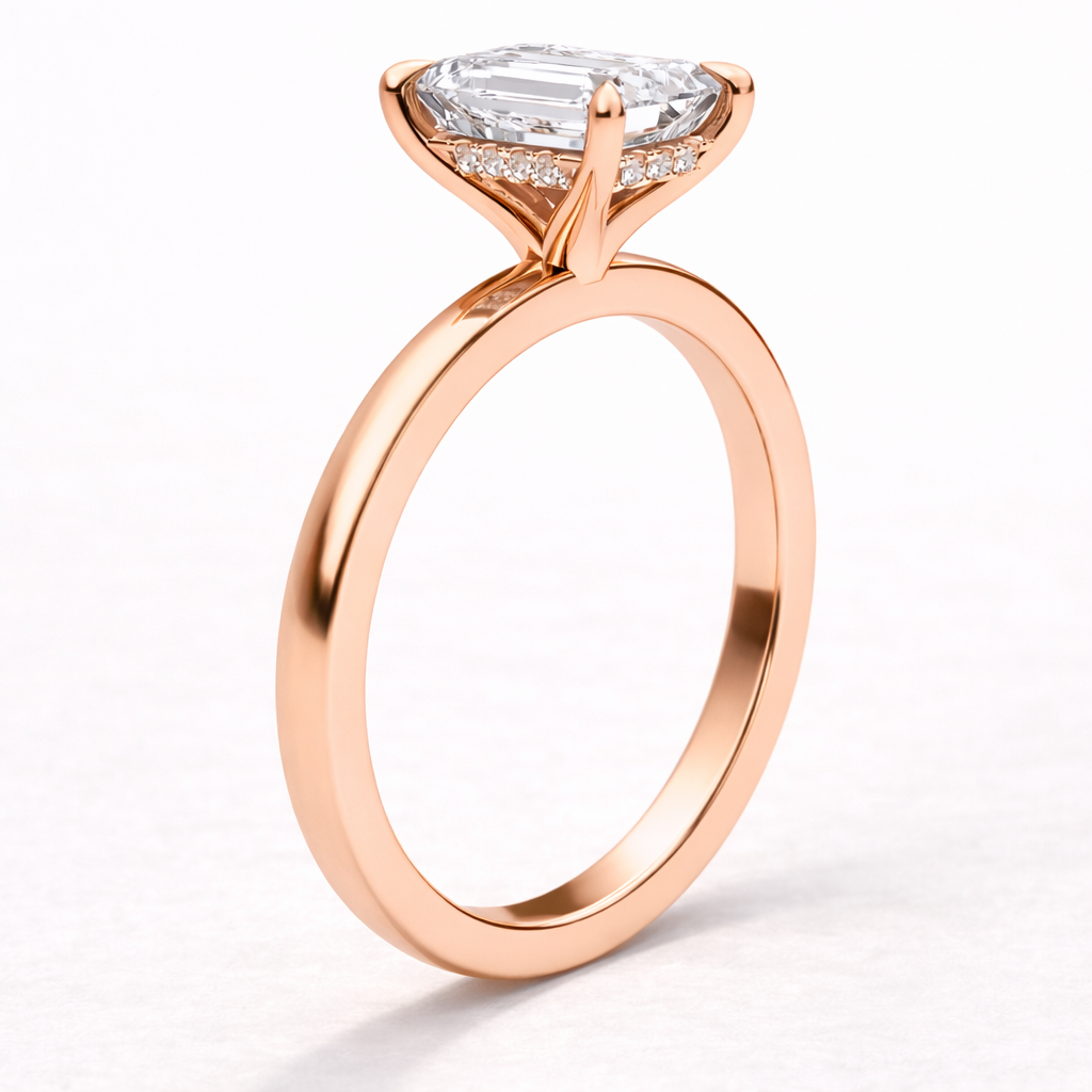 14K Emerald Solitaire — Flat Band Hidden Halo