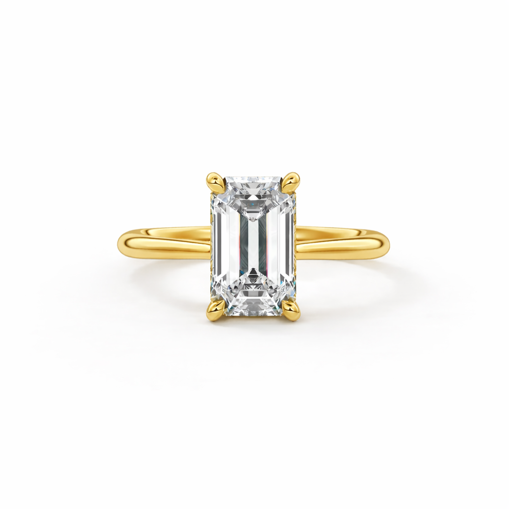14K Emerald Solitaire — Cathedral Flat Band Hidden Halo