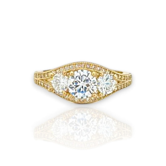 Round Cut Center Stone Triple Row Engagement Ring - 10k Yellow Gold