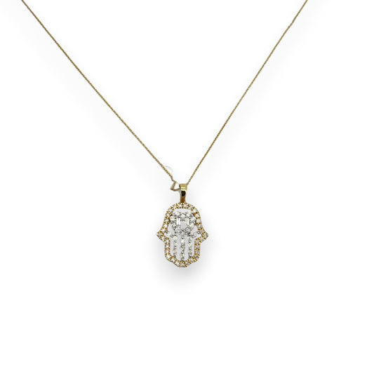 Hamsa Diamond Pendant With Cable Chain - 14K Yellow Gold