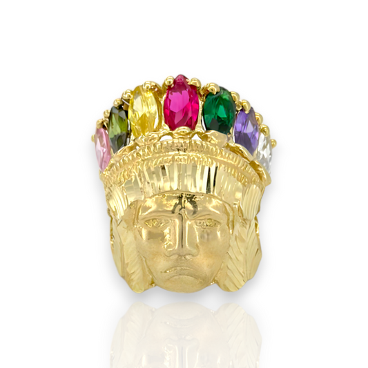 Large Indian Chief Rainbow CZ - 10K Yellow Gold - Solid