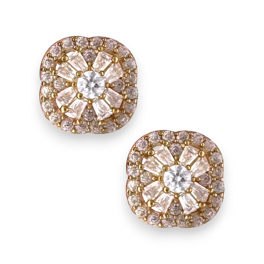 Yellow Gold CZ Round and Baguette Cut Mico-Pave Halo Stud Earrings - 10k Yellow Gold