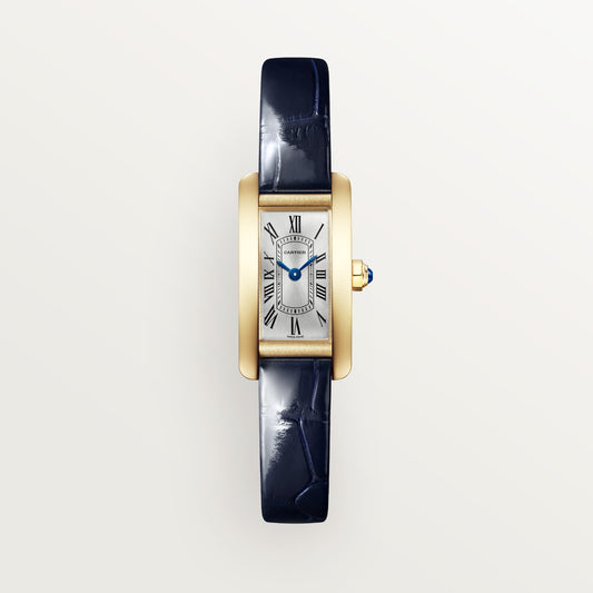 Cartier Tank Américaine WGTA0353 - Mini model 18K yellow gold, Satin-brushed silvered with sunray effect Dial, Shiny navy blue alligator leather strap