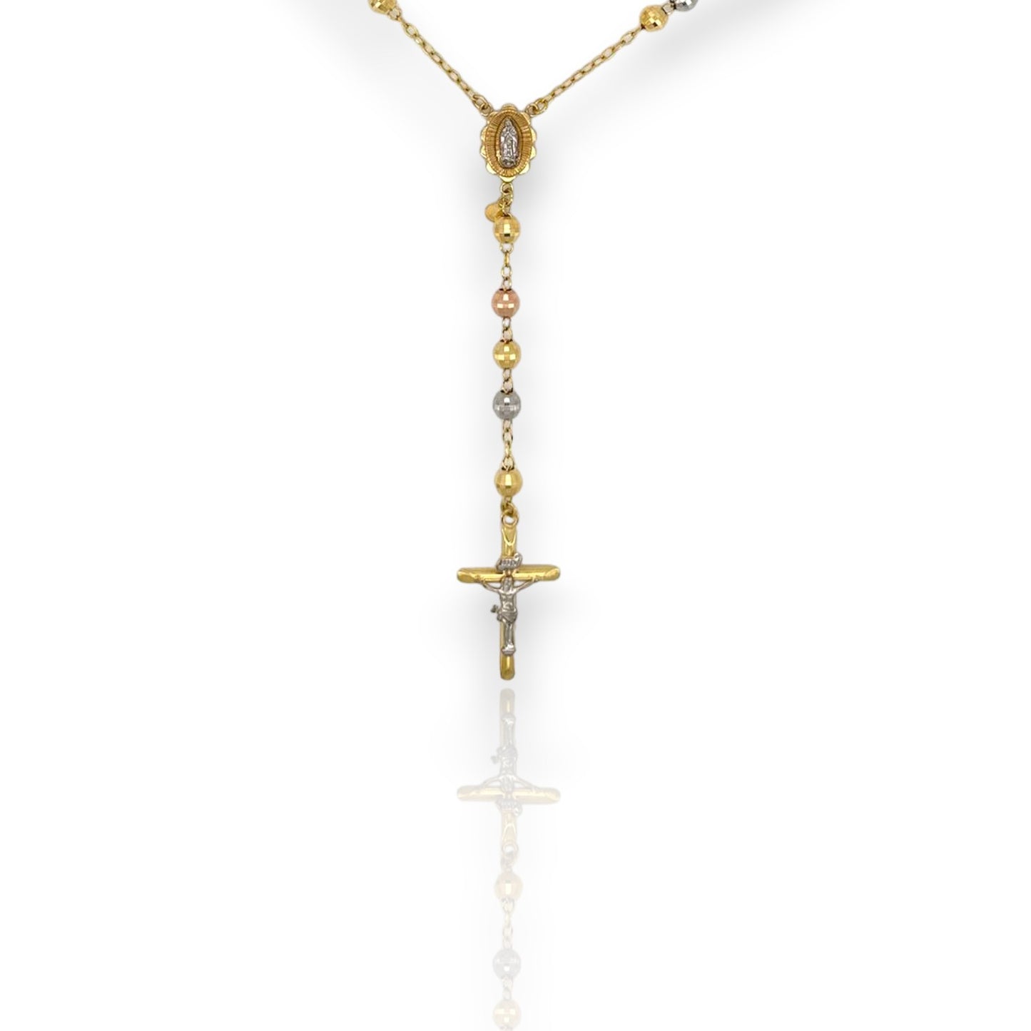 Diamond-Cut Cross Rosary Crucifix Chain Necklace 10K Tri-Color Gold