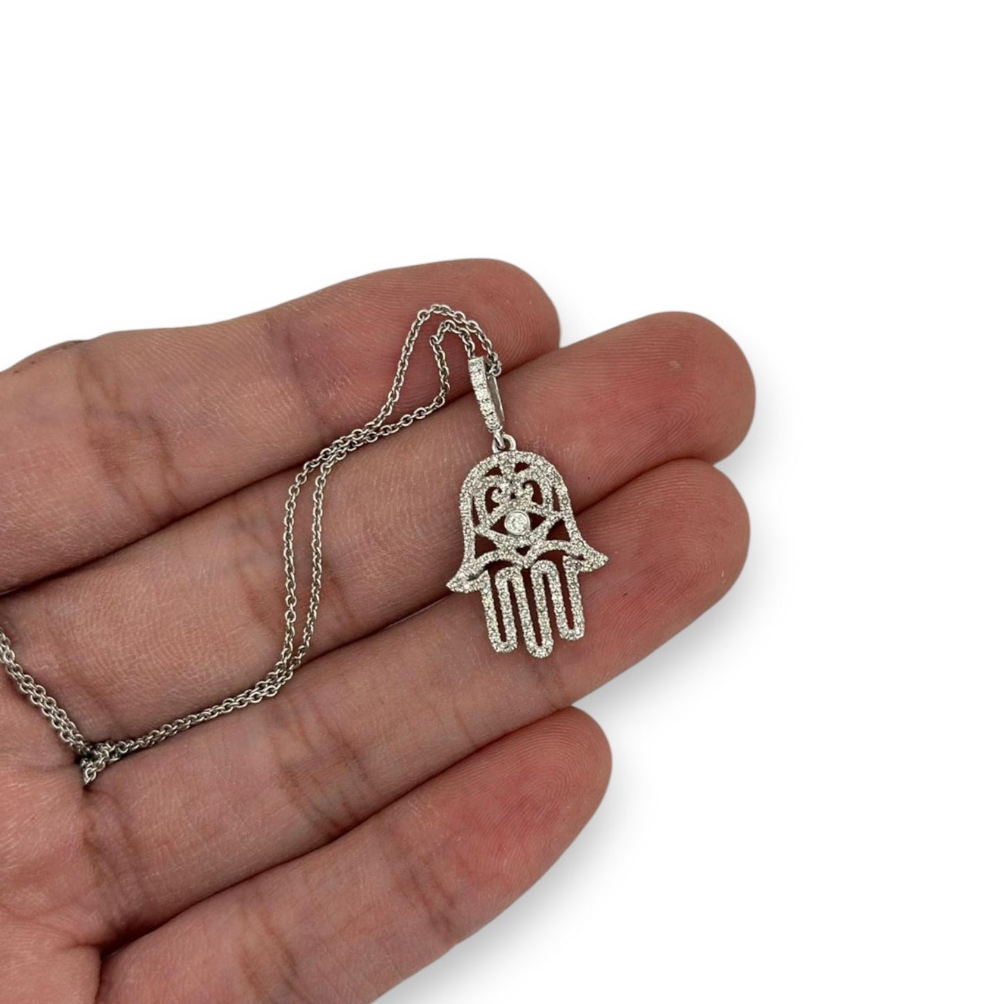 Hamsa Diamond Pendant With Cable Chain - 14K White Gold