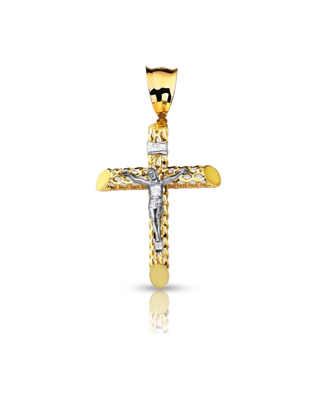 Crucifix Filigree Two-Tone INRI Plaque Pendant - 10K Gold